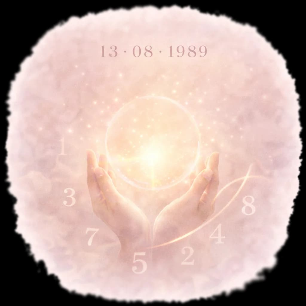 Hands holding a glowing orb with numerology numbers