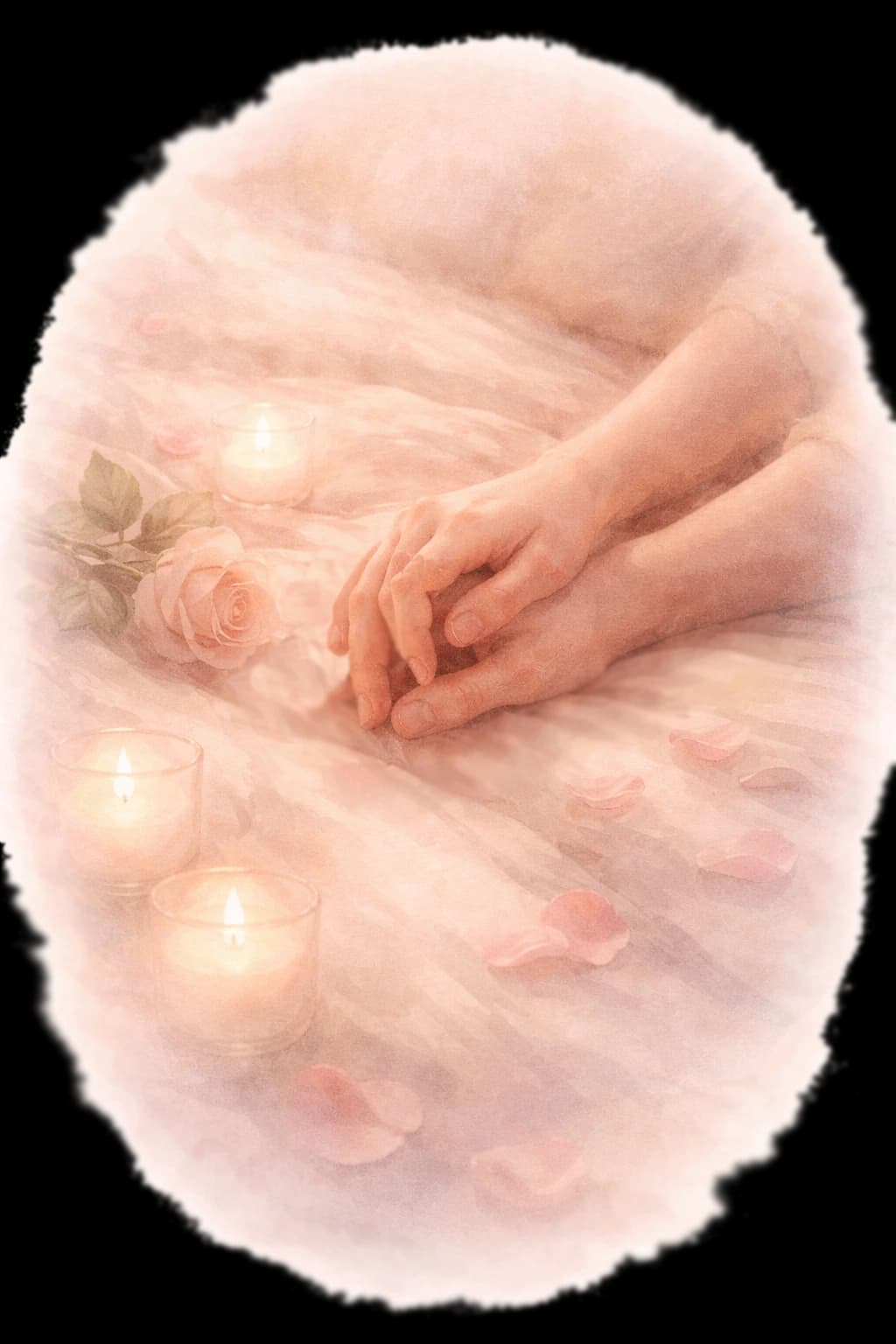 Gentle hands on bed with rose petals and candles